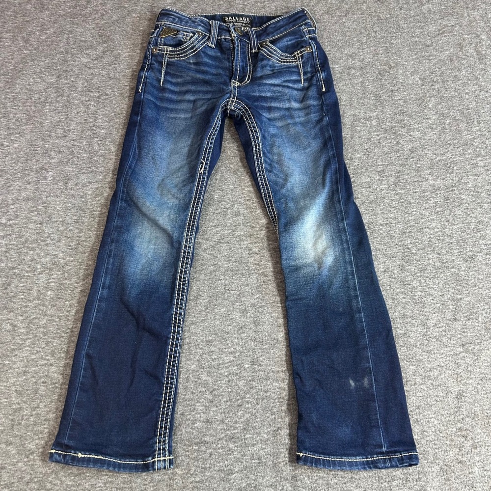 Salvage Supply Co Buckle Mayhem Jr Boys Jeans Dark Wash Thick Stitch Size 8R